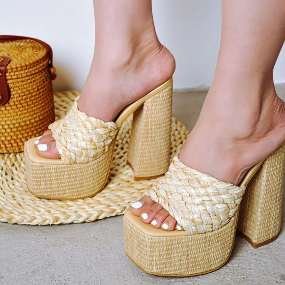 NEW🔥 Natural Raffia Open Toe Chunky Platform Sky High Heel Sandal Mules Slip-On - Picture 4 of 6